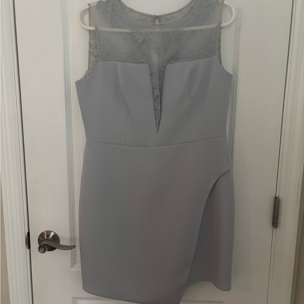 Elegant Blue/Gray Lace Overlay Dress